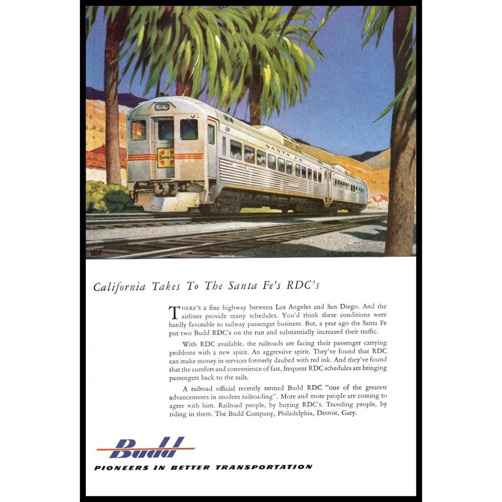 1953 Budd Transportation Santa Fe Railroad RDC Vintage Print Ad Palm Trees Art